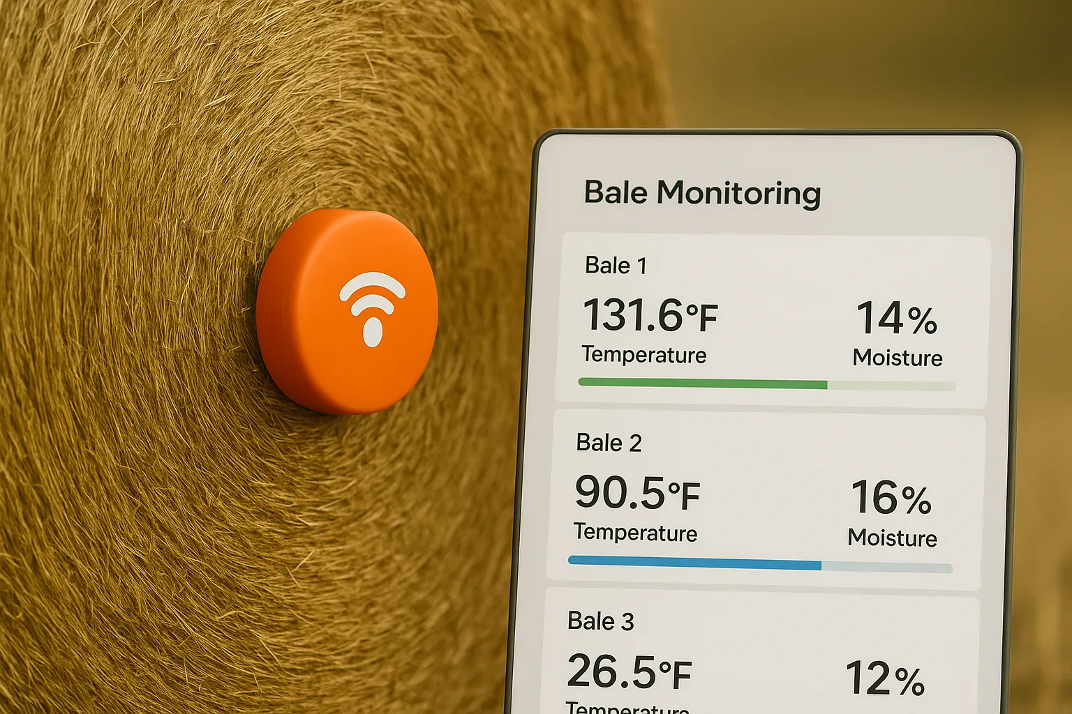 Sensor being inserted into bale during baling